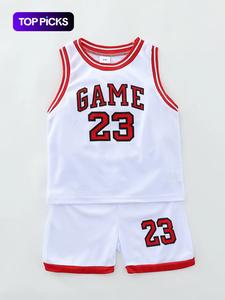 Conjunto de dos piezas para niño, conjunto de camiseta de baloncesto, chaleco de baloncesto sin mangas con ribete de contraste y shorts, ropa de verano para niños para deportes al aire libre