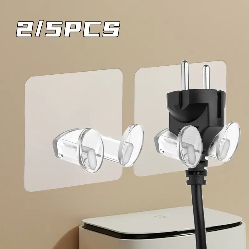 2/5PCS No Punching Transparent Self Adhesive Hook Wall Mounted Power Plug Holder Hanger Wire Cord Cable Organizer Kitchen Bathroom Storage Hooks
