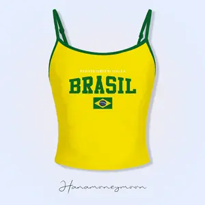 Hanamoneymoon Daily String Tanktop - Baju Tanktop Tali Crop Top Cewek Brasil Warna Kuning Desain Bendera Brasil Bahan Knit Rib Cotton Nyaman dan Stylish Gaya Y2k