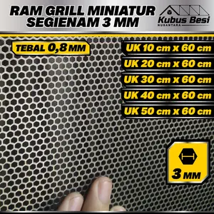 Miniaturan Ram Grill 10-50x60 cm - Hexagonal/Segienam 3 mm - Tebal 0,8 mm. Ram Gril / Plat Lubang Besi