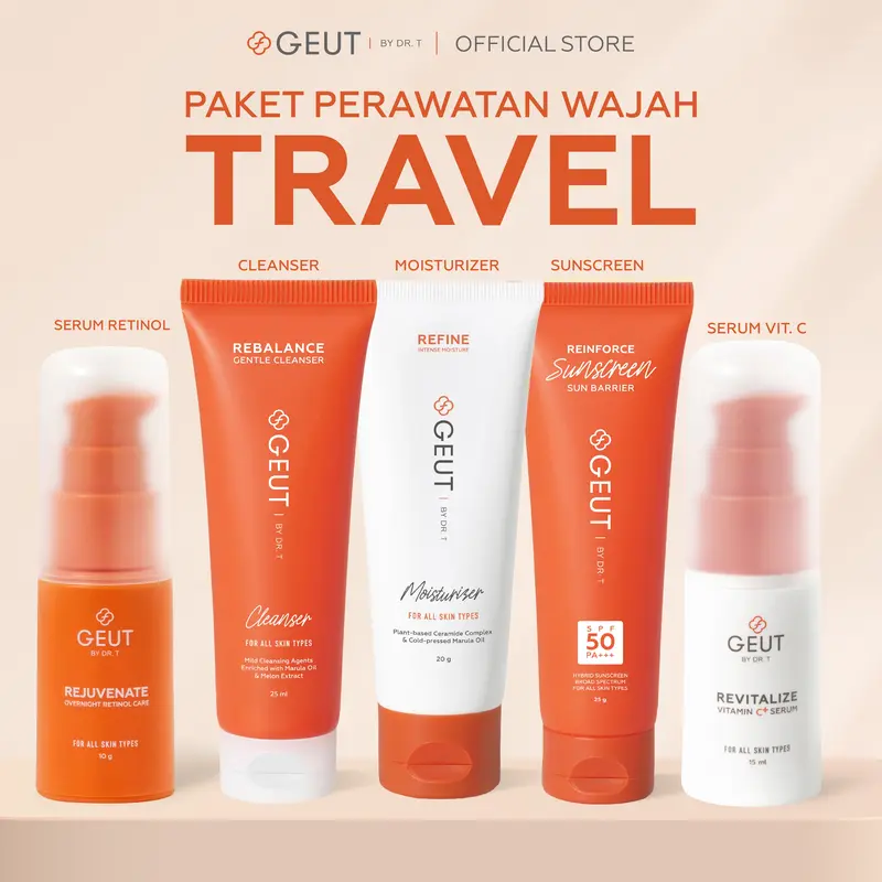 GEUT KISS Travel Set 5pcs (Paket Wajah Kulit Indah Sehat Seimbang Ukuran Travel, Cleanser + Moisturizer + Sunscreen + Serum Anti Aging) 0