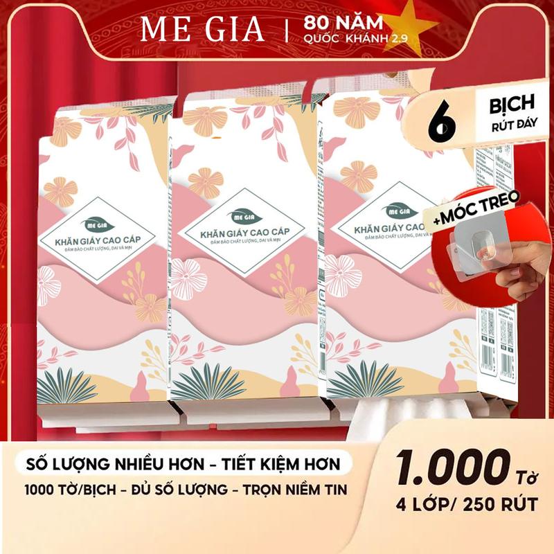 【GIẢM GIÁ SỐC - Không tặng kèm cốc】MEGIAThùng 6 Bịch 1000 tờ Khăn Giấy Tiểu Hạ MEGIA 4 Lớp Mềm Mịn, Thành Phần Bột Gỗ Tự Nhiên Thân Thiện An