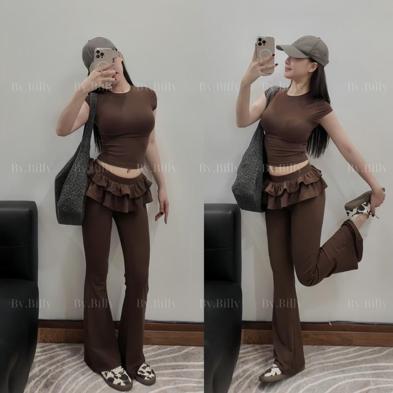 [DEAL MỞ BÁN] Quần Lẻ/Set bộ quần loe có bèo xếp ly cạp thấp,mặc đi chơi, đi tập yoga,pilates tôn dáng dễ phối đồ, set nữ cotton.