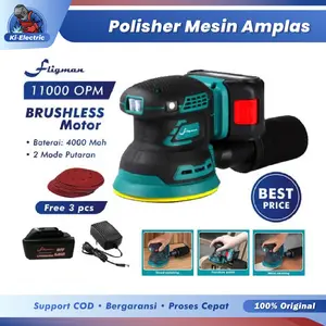 FLIGMAN Mesin Pengamplas Elektrik Tanpa Sikat Mesin Poles Dual Action Baterai Fligman Amplas Sander Orbital Cordless Polisher & Sander- Mesin Polisher Fligman Mesin Amplas Cordless Orbital Sander 5"