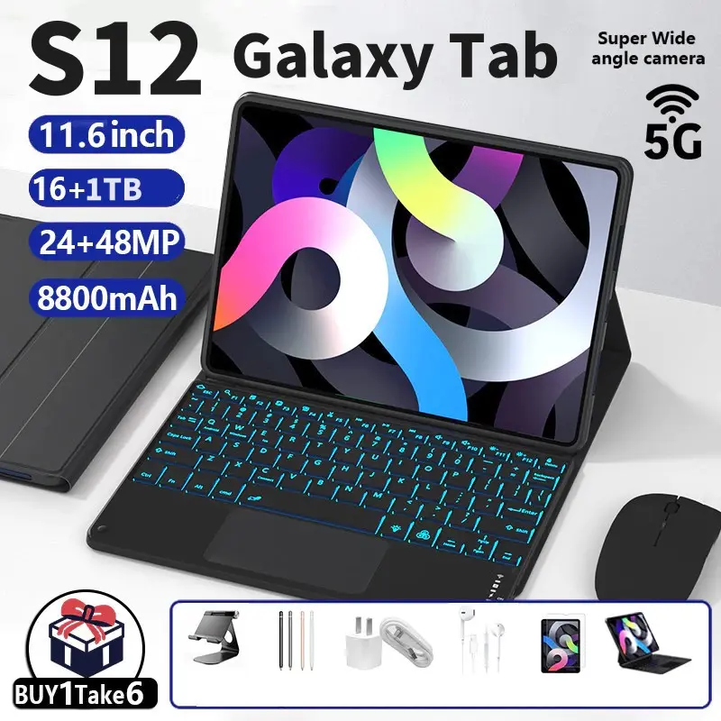 [Keyboard Bluetooth Gratis + COD] S12 Pro 11.6 inci 8800mAh (RAM 16GB + ROM 1TB) Layar Definisi TinggiBelajar Tablet Kantor HiburanTablet Android Penjualan Panas 5G Dual SIM WiFi Garansi Resmi PC Tablet Android Murah