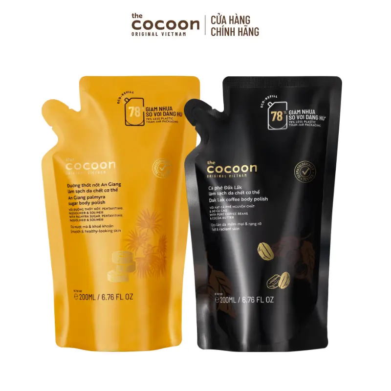 Ảnh đại diện COMBO 1 Túi refill Cà phê Đắk Lắk làm sạch da chết cơ thể Cocoon cho làn da mềm mại & rạng rỡ 200ml + 1 Túi refill Tẩy da chết đường thốt nốt 200ml