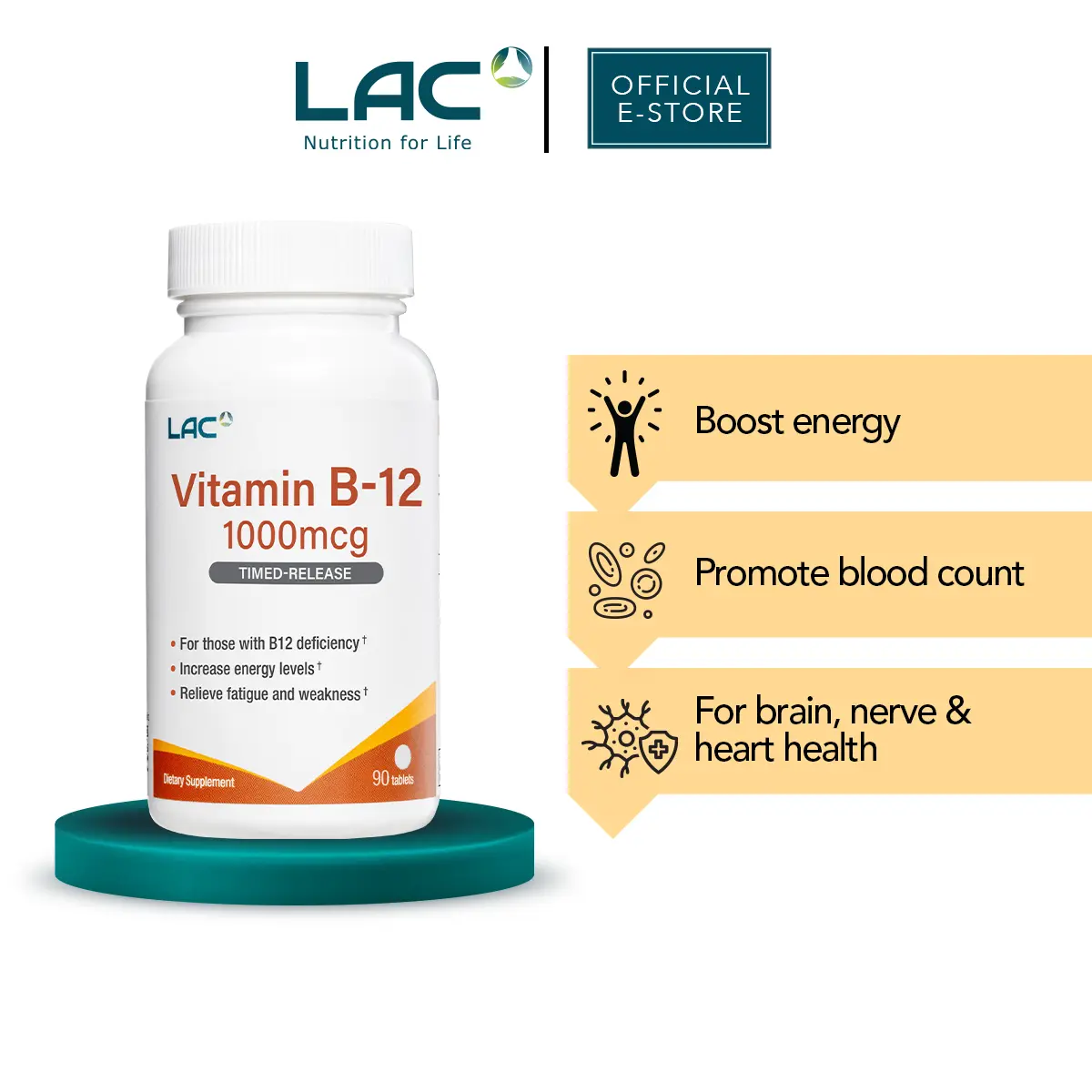 LAC Vitamins Vitamin B-12 1000mcg Timed-Release (90 tablets) - Red blood cell production, promote energy level and alertness