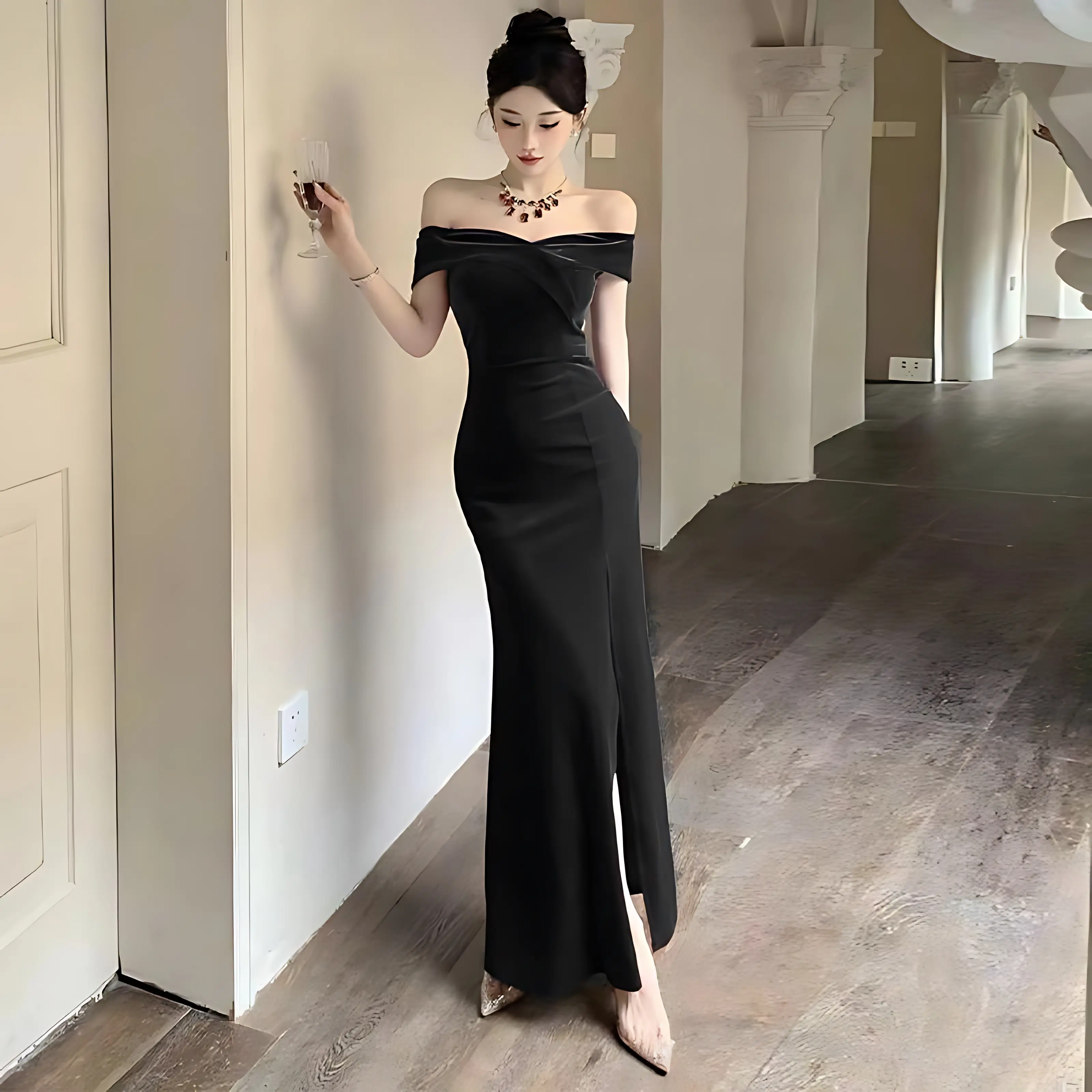 Elegant Off-Shoulder Velvet Long Evening Dress with High Slit Perfect for  Formal Events and Parties Black Maxi Slim Fit Sleeveless Women's Lingerie  Workwear