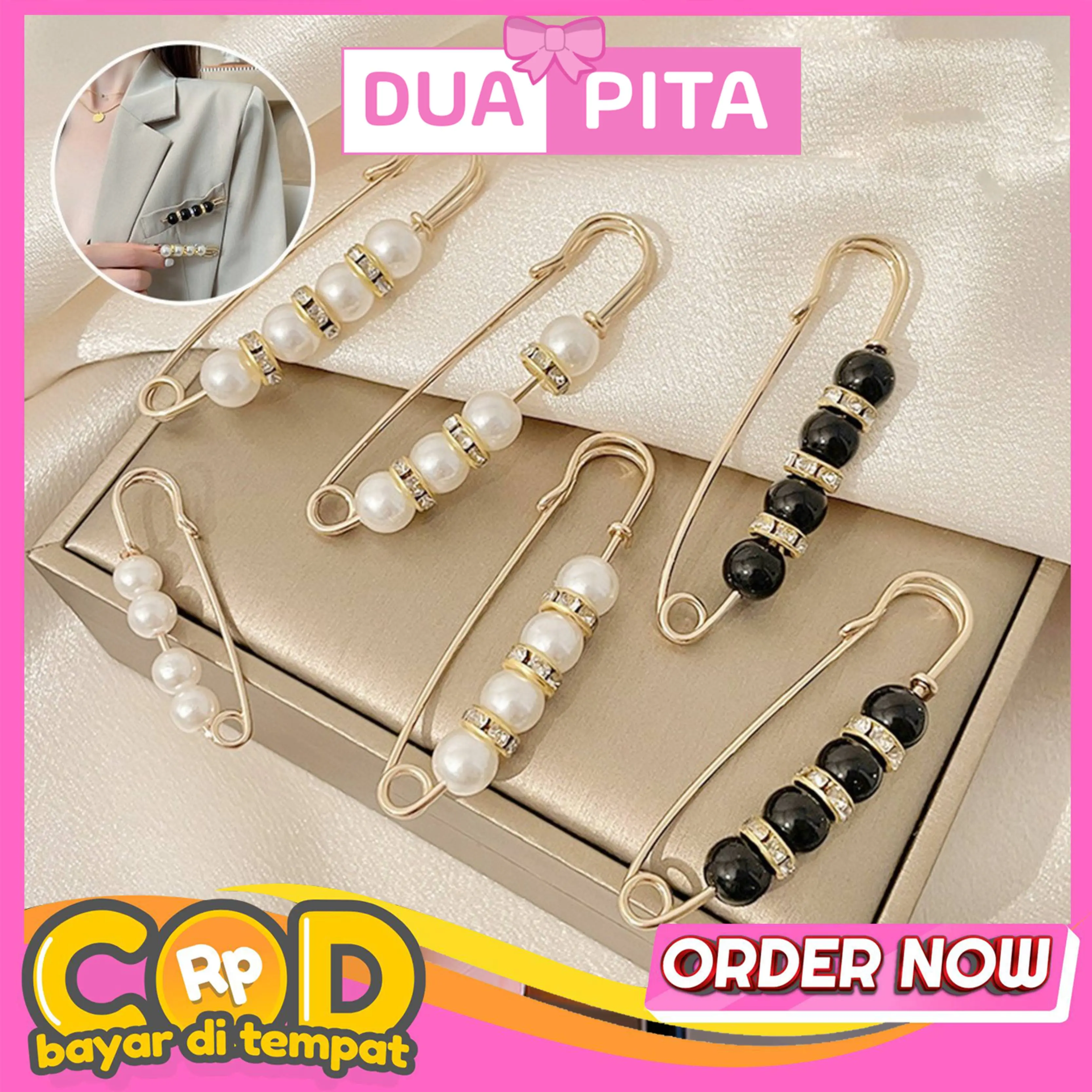 SR28 Peniti Motif Mutiara Isi 4 Peniti Bross Besar Pengait Hijab Aksesoris Celana Jeans Tuspin Bros Fashion Muslim