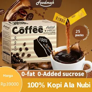 Foodmak Kopi Hitam Instan 50 gram (25 sachet) minuman tanpa gula, dapat dinikmati panas atau dingin, terbuat dari biji kopi Arabika berkualitas tinggi.