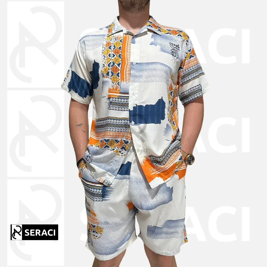 SERACI - one set kemeja pria dan wanita setelan celana pendek hawaii daily outfit pantai bahan rayon premium baju tidur piyama motif White brush coklat sleepwear
