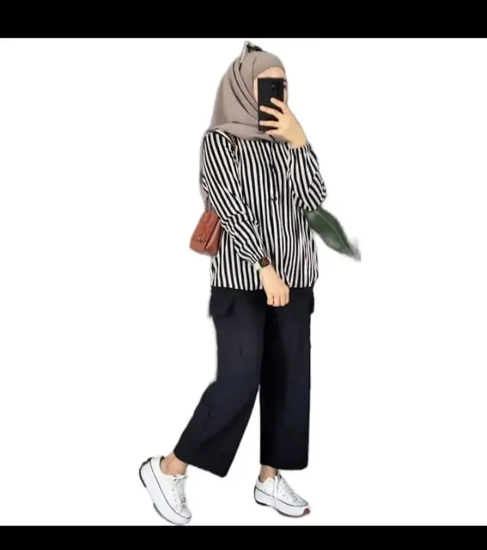 Set Baju dan Celana Kargo  Terbaru Ramosa untuk Wanita Muslim Wanita Setelan Airflow Atasan Panjang Dewasa Motif 8
