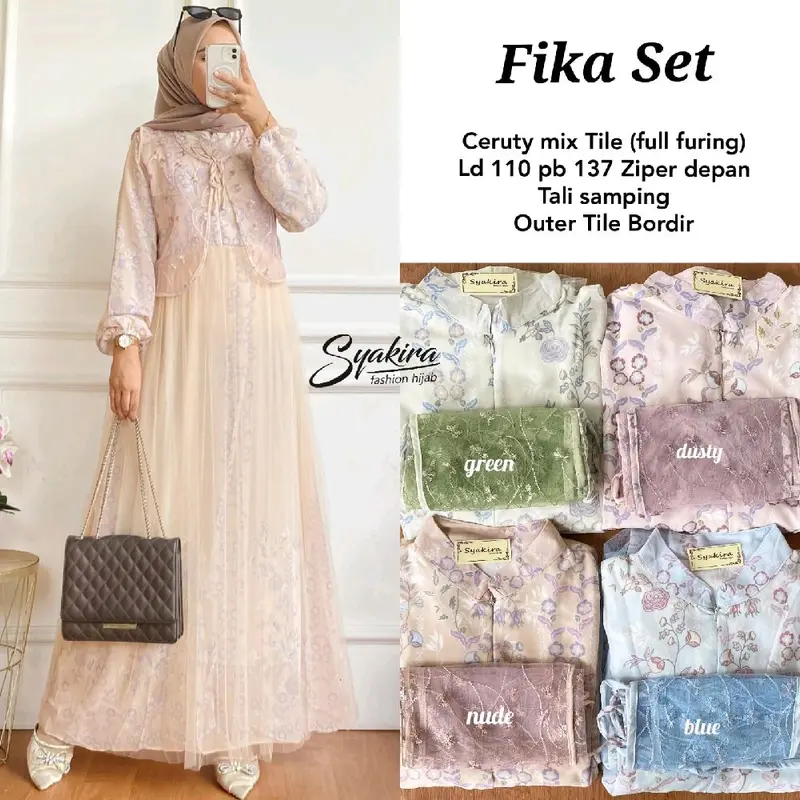 Fika set ceruty mix tille full furing gamis outer tille bordir gamis lebaran terbaru wanita  Muslim 1