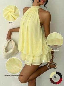 Vestido mini halter para mujer de verano con lazo en la espalda, ajustado y casual elegante, sin mangas y corto, para casa, exterior y estilo urbano