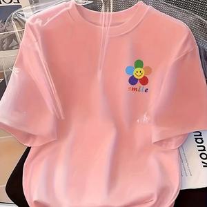 五葉花カラーパターンプリント婦人用半袖Tシャツ、丸首、ゆったり、純綿カジュアルトップス、丸首、ショルダーベルト、ゆったりシルエット、通気性、肩落ちデザインプリントTシャツ夏季ゆったりタイプ