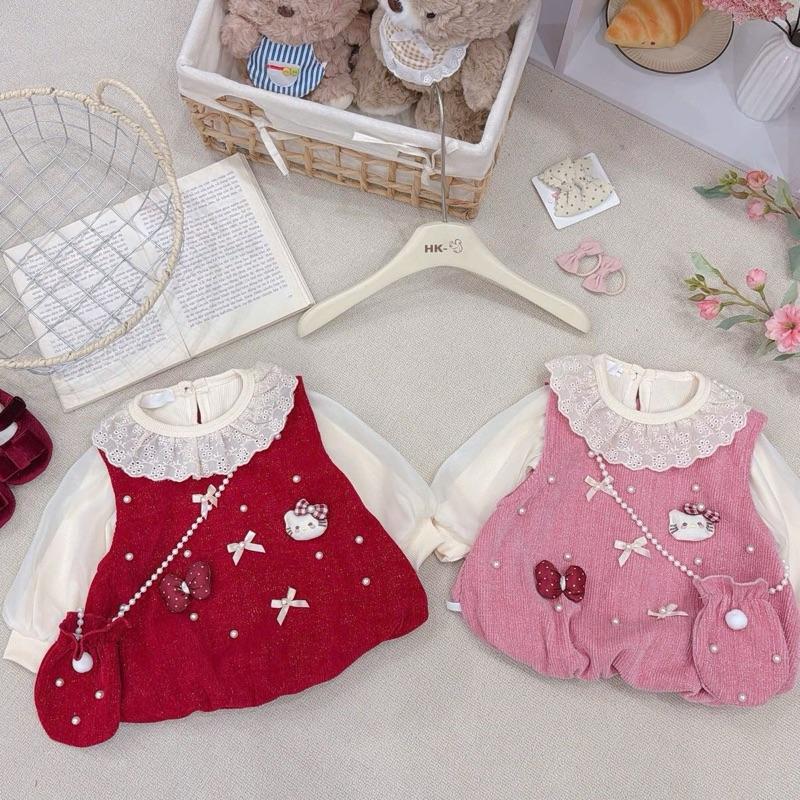 Váy Nhung tăm form bí kèm áo tăm cổ bèo và túi cho bé 4-12kg . Set đầy tháng thôi nôi Giáng Sinh lễ Tết cho bé gái