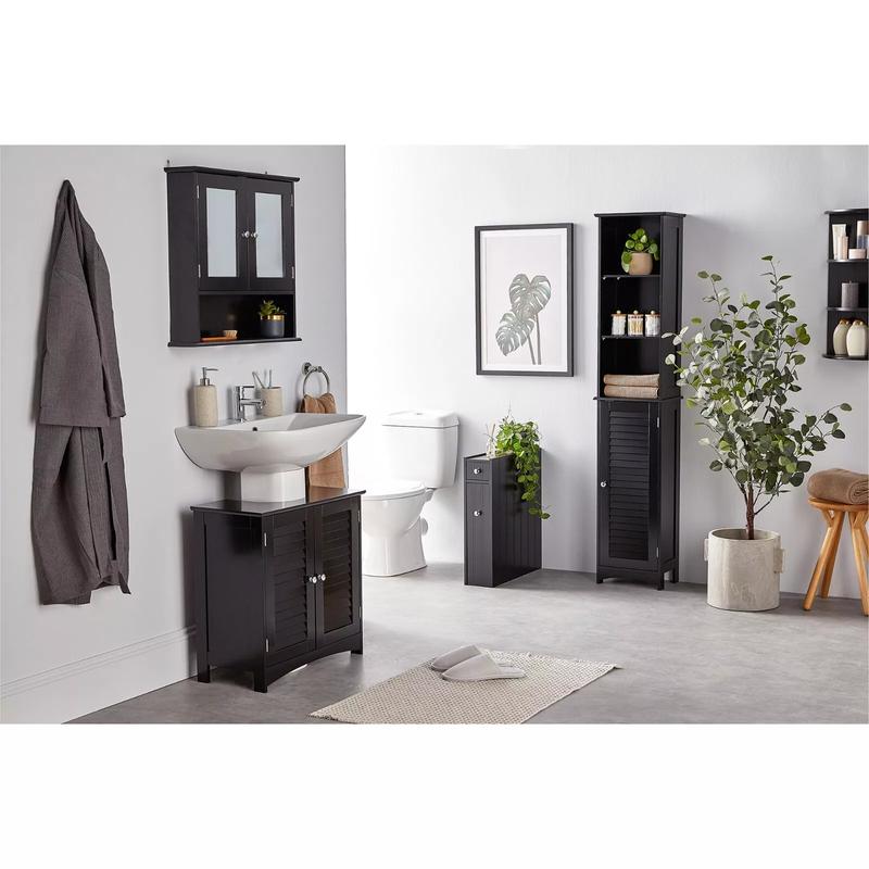 Product Introduction of Tall Bathroom Cabinet Tallboy Slim Black Storage Cupboard w/ 6 Shelves | VonHaus Modern 9