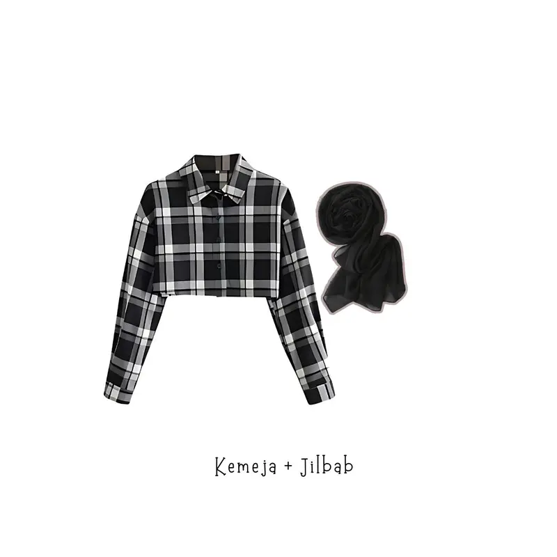 one set 3in1 kemeja crop kotak hitam putih celana kulot cutbray scuba highwaist hitam jilbab bella | perempuan wanita cewek ootd korean nonton konser hijab kuliah kerja nongkrong nonton style HK19 3