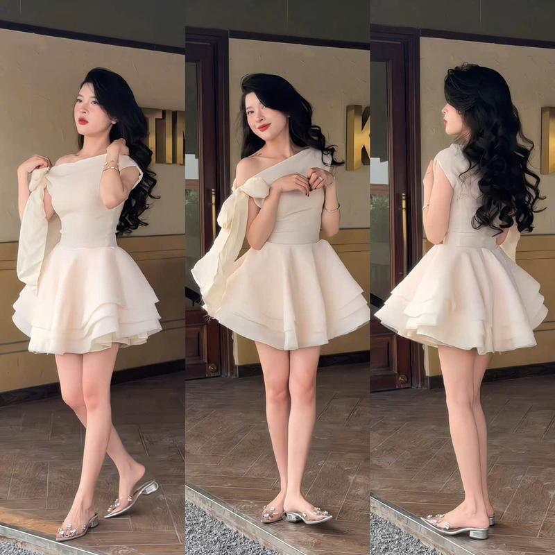 D839 (TÁO ĐỎ BIGSIZE 55-90KG) ĐẦM LỆCH VAI THẮT NƠ DÁNG NGẮN