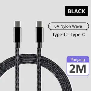 Kabel Data Type C to C Cable panjang charger Original Warna BLACK 60W Super Fast Charging 2 Meter Bahan Nylon Wave Mendukung Transfer Data 480Mbps untuk Mac iPad iPhone & Android