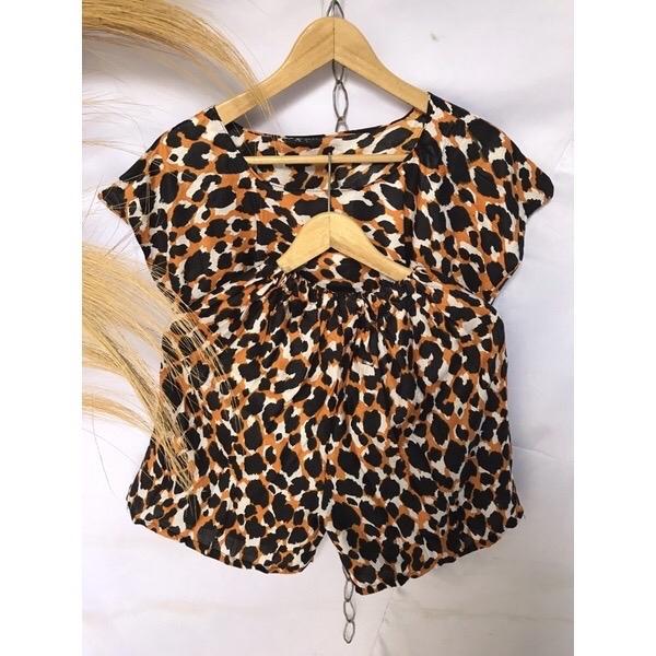 ￼SET PENDEK Baby doll allsize motif leopard macan dan bunga Baju Celana Dewasa Wanita Setelan 2