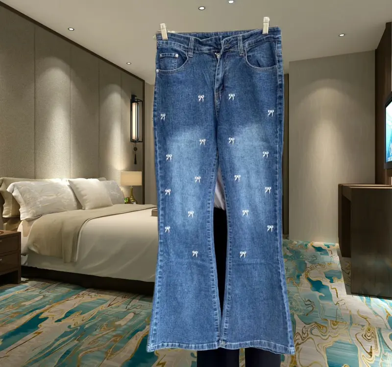 Celana Panjang Wanita Cutbray Jeans High Waist dengan Pita Bordir melar flare pants hip tell loose coquette cutbray wanita remaja xl Dewasa Bawahan 3