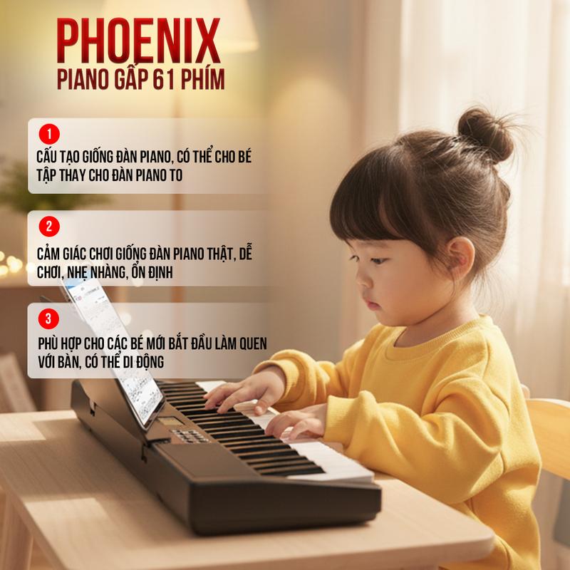 Đàn Piano Gấp Gọn 61 Phím Phoenix phù hợp cho mọi nứa tuổi Pin