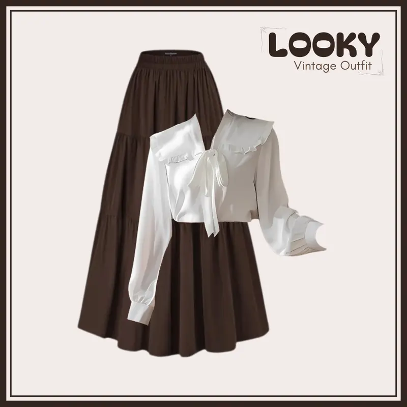 OOTD Vintage Kekinian | Setelan Retro Wanita Kekinian | Blosue Pita Putih + Rok Ruffle Coklat SK006 3