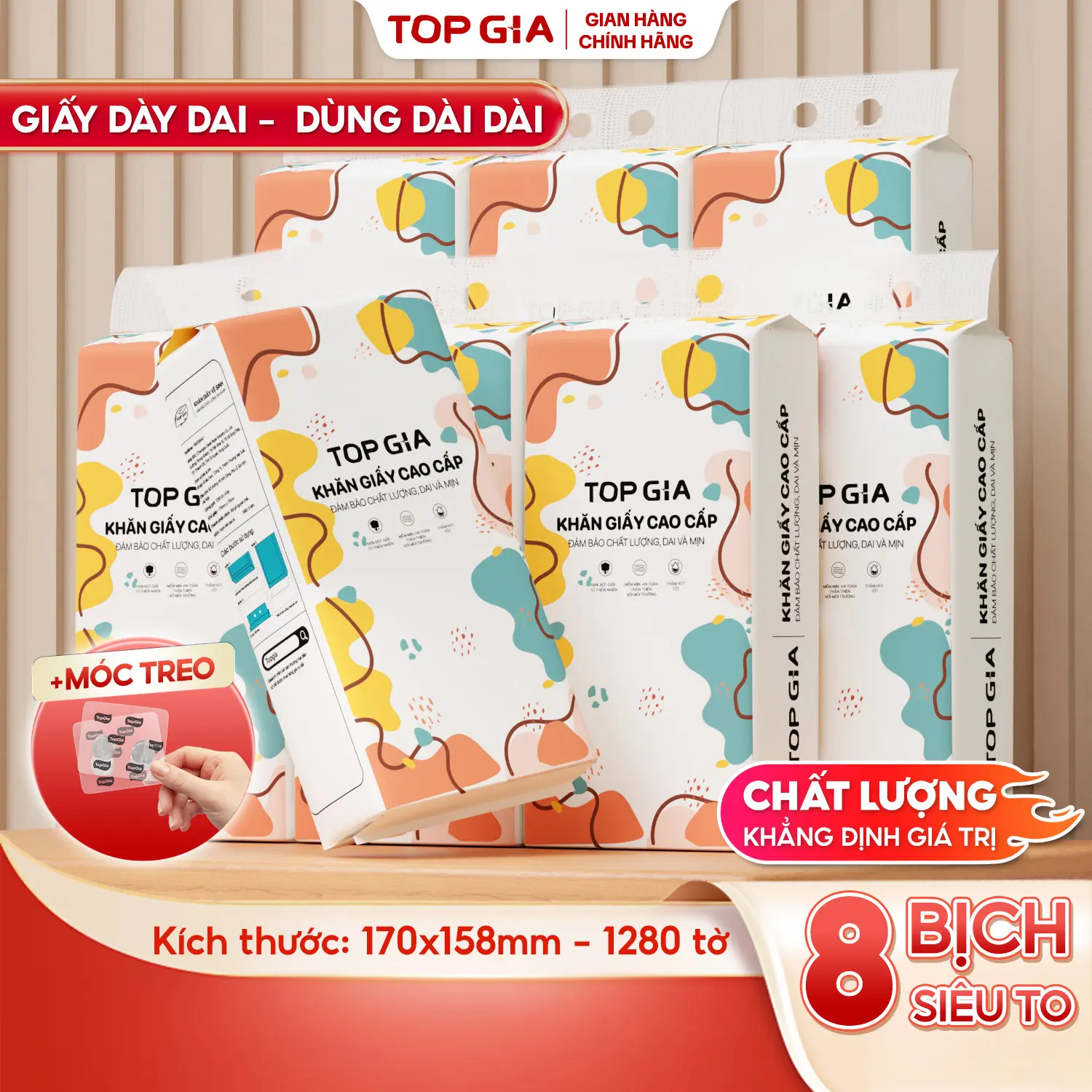 [GIẤY LOẠI TO ĐẶC BIỆT] Combo 8 Bịch Khăn Giấy CỠ ĐẠI Rút Đa Sắc Cao Cấp Treo Tường Tiện Lợi TopGia (tặng 3 móc treo), giấy rút đa năng treo tường, Giấy ăn mềm mịn 4 lớp ĐẠT QUY CHUẨN CỦA BỘ CÔNG THƯƠNG (SIZE XL - PREMIUM) (RDS)