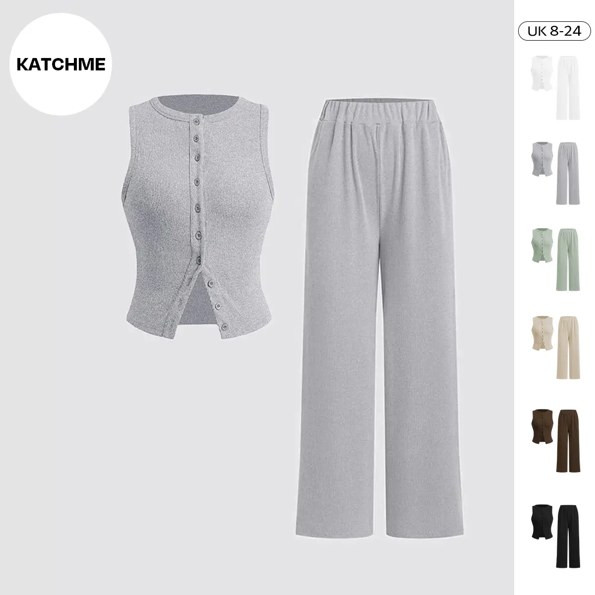 KatchMe Women's Casual Solid Color Sleeveless Button-Up Slim Tank Top & Wide Leg Trousers Co-ord, Soft Basic Round Neck Stretch Two Piece Outfits