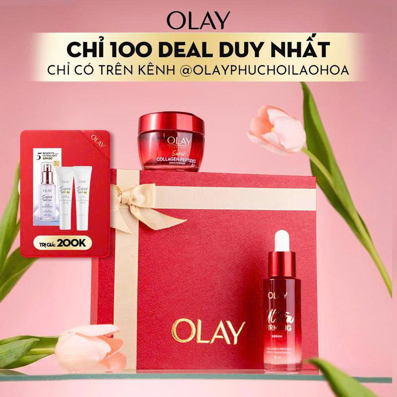 [GIFT BOX] Kem Dưỡng Ẩm OLAY Super Collagen Peptides + Serum OLAY Ultra Firming Giúp Da Săn Chắc & Mịn Màng (45G + 30ML)