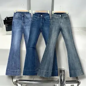 Celana Jeans Wanita Highwaist Cutbray Panjang Lipat Kancing 2 Bahan Melar HW