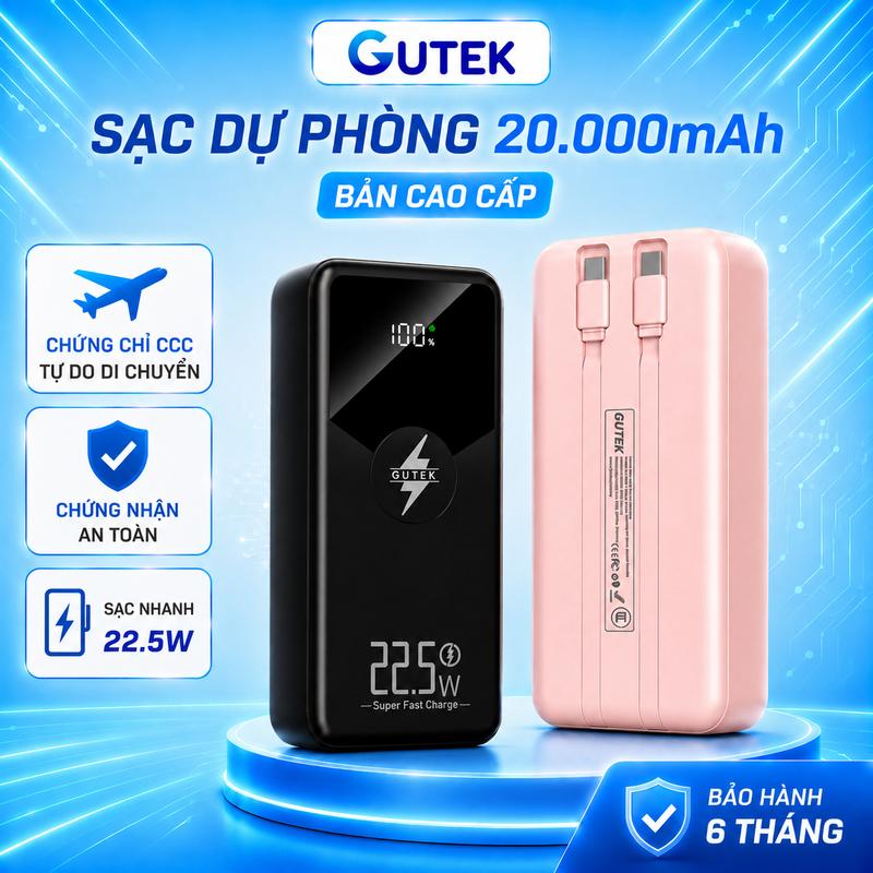 [Tặng sạc 3 đầu] Pin sạc dự phòng 20000mAh sạc nhanh 22,5W tích hợp dây cáp - Gutek GT229