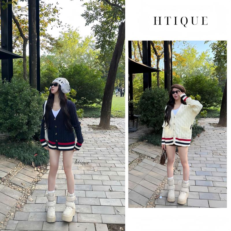 HTIQUE LIMITED -Áo len Cardigan dài tay dáng rộng cá tính Áo len dệt kim vặn thừng cao cấp LA22