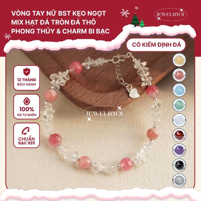  Vòng Tay Nữ JEWELRYOU BST Kẹo Ngọt Mix Hạt Đá Tròn Đá Thô Phong Thủy Tự Nhiên Và Charm Bi Bạc Trẻ Trung - Jew114 