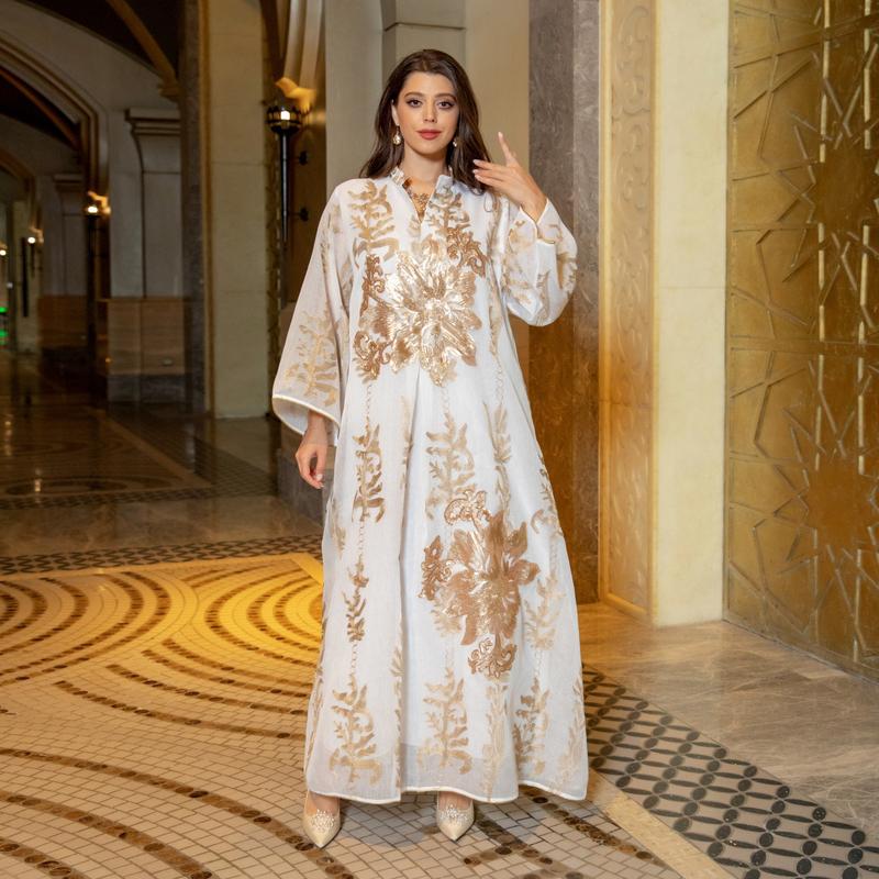 Product Introduction of Baju raya Middle East Cross border Golden Pearl Embroidered Yarn Muslim Female Jalabiya Dubai Arab Abaya 5