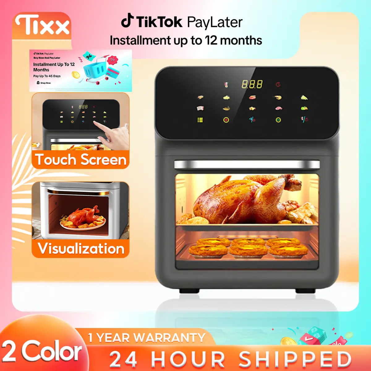 Tixx  16L  Air Fryer Non Stick Pan Oil Free Healthy Cooking Multi-functional Electric Fryer Kitchen Household Large Capacity Touch Screen Visual  16L LCD Vacuum Glass Air Fryer Fully Automatic With Smart Timer
