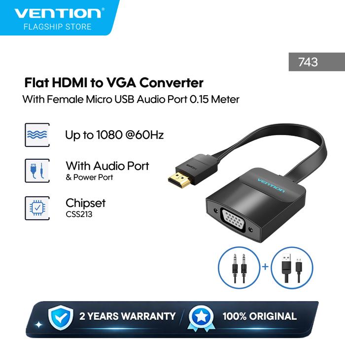 Gambar Vention Flat HDMI to VGA Converter with Female Micro USB and Audio Port 0.15M - 74346 dari Vention By Andalan Kota Administrasi Jakarta Utara Tokopedia