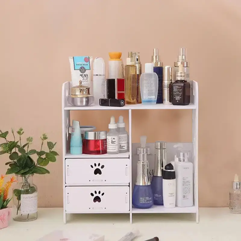 Rak Kosmetik Kayu Kotak WPC Tempat Makeup Tahan Double Drawer Cosmetic Storage
