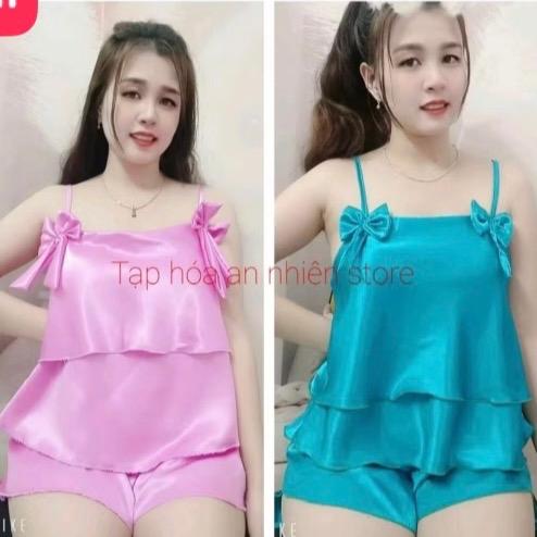 Đồ Bộ Ngủ Nữ Hai Dây Nơ Hai Tầng Phi Bóng Gợi Cảm Quyến Rũ - Women Quần Ngủ pizamanu