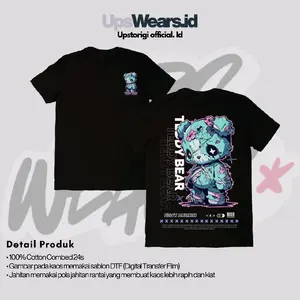 Baju Kaos Hitam Premium kualitas, Reguler Cowok & Cewek dengan Motif "Teddy Bear" Bahan 100% Cotton Combed 24s.