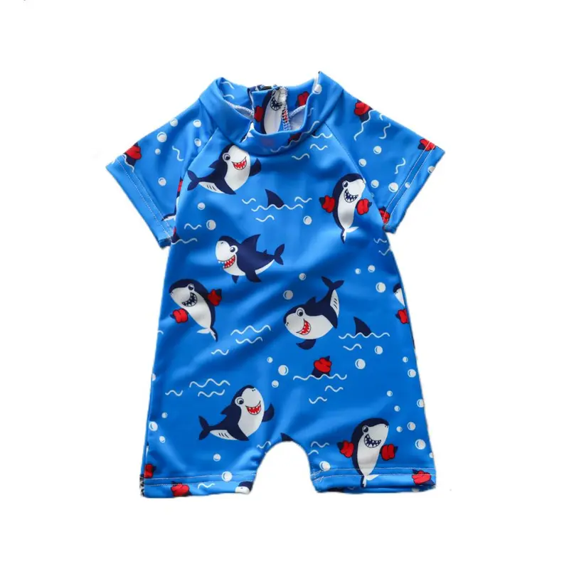 Baju Monyet Musim Panas Bayi Laki-laki Pakaian Renang Ritsleting Lengan Pendek Pola Hiu Kartun untuk Anak Laki-laki Pakaian Mandi Hiu 8