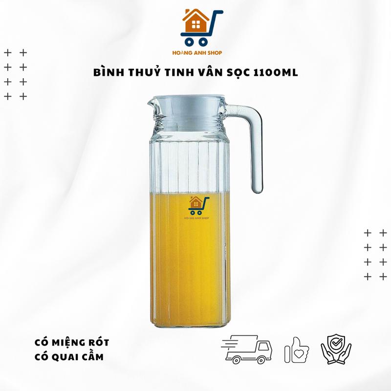 Bình Đựng Nước Thủy Tinh Vân Sọc 1000ml Có Quai Cầm Miệng Rót – Bình Trà Detox, Nước Ép, Cafe Lạnh