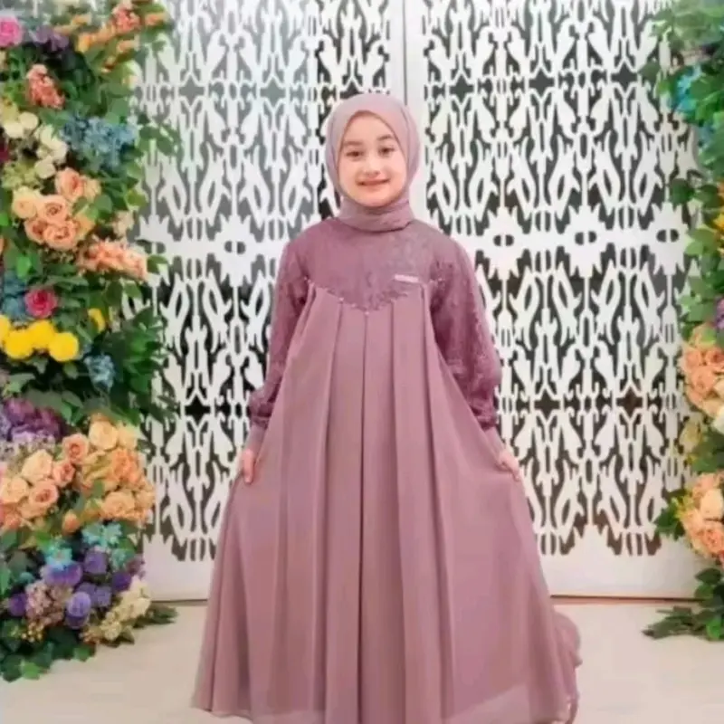 Gaun trendy 2024 - Gaun Inara satu set sama Jilbab - couple Ibu Dan Anak 3-12 Tahun - Cryncle Mix kombinasi Brookat Lebaran Gamis Muslim 1