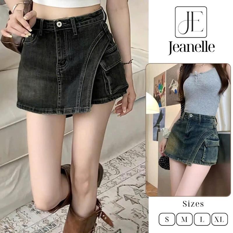 Quần short jean giả váy nữ cạp cao dáng ngắn chữ a L1 túi hộp 3 màu Jeanelle Store