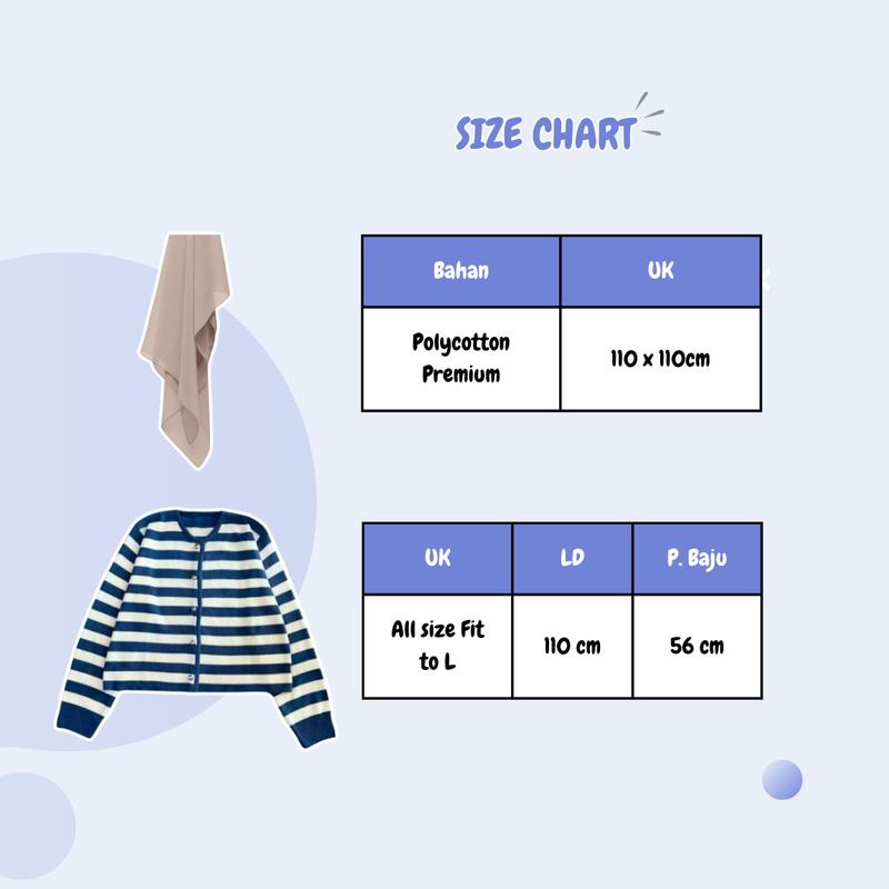 SET Baju Wanita Korean Style Atasan Cardigan Stripe Biru, Celana Scuba, dan Hijab Bella Square TB 040 2