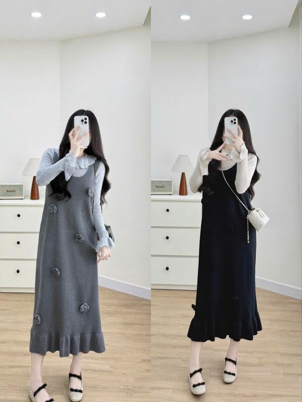   Mina clothing  Set váy len yếm bèo đính hoa TH33 gồm 1 áo len bèo + 1 yếm len đính hoa thời trang mẹ bầu mặc mùa đông đi chơi đi làm 