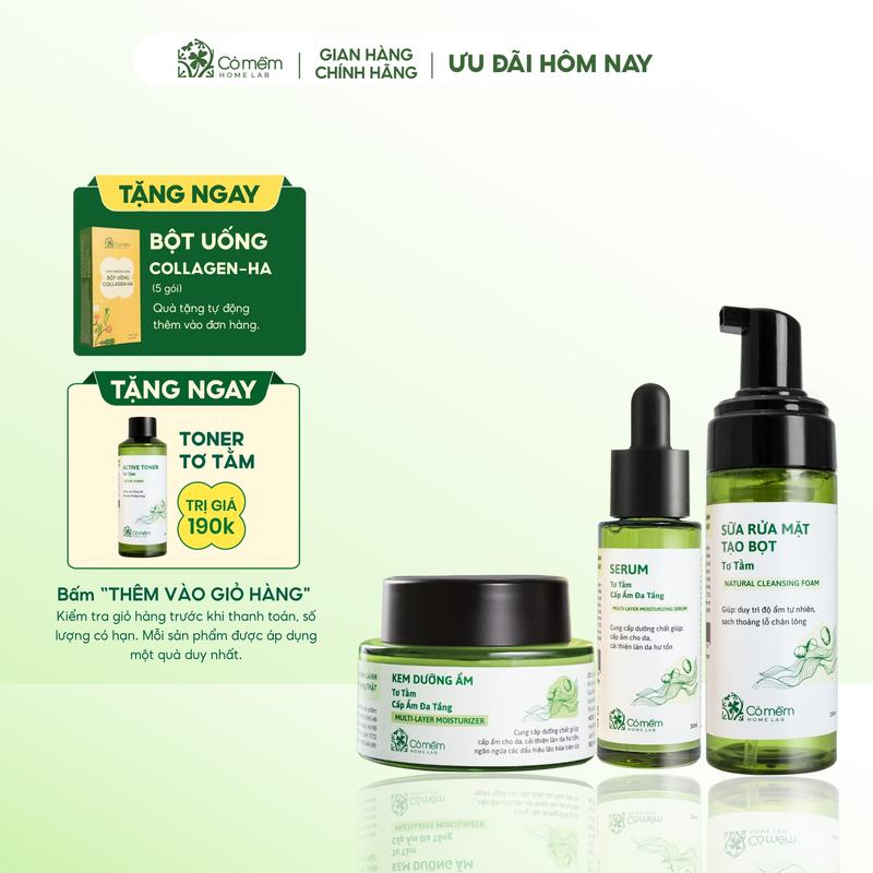 Bộ Chăm Sóc Da 3 Bước Sữa Rửa Mặt Làm Sạch Sâu Serum Kem Dưỡng Cấp Ẩm Tơ Tằm Cỏ Mềm Cho Da Thường Đến Khô