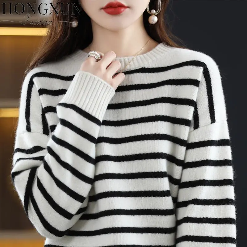 Áo len nữ dài tay áo len dệt kim mới kiểm tra rộng giải trí cổ Hàn Quốc cộng với 4xl Thu Đông ngày Top 1