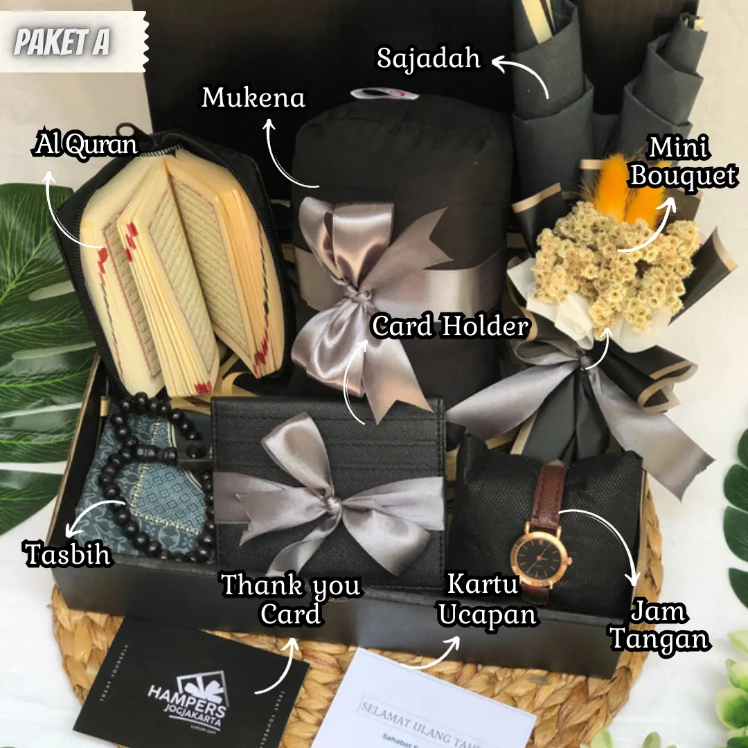Hampers kado ulang tahun muslimah cewek mukena sajadah wanita warna hitam free kartu ucapan